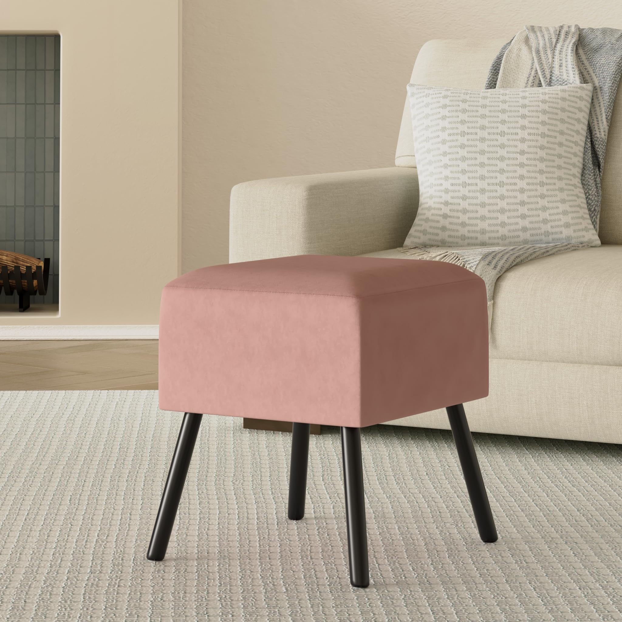 Baroni Home Pouf Velluto Rosa Cipria 40x33x46 cm Imbottito
