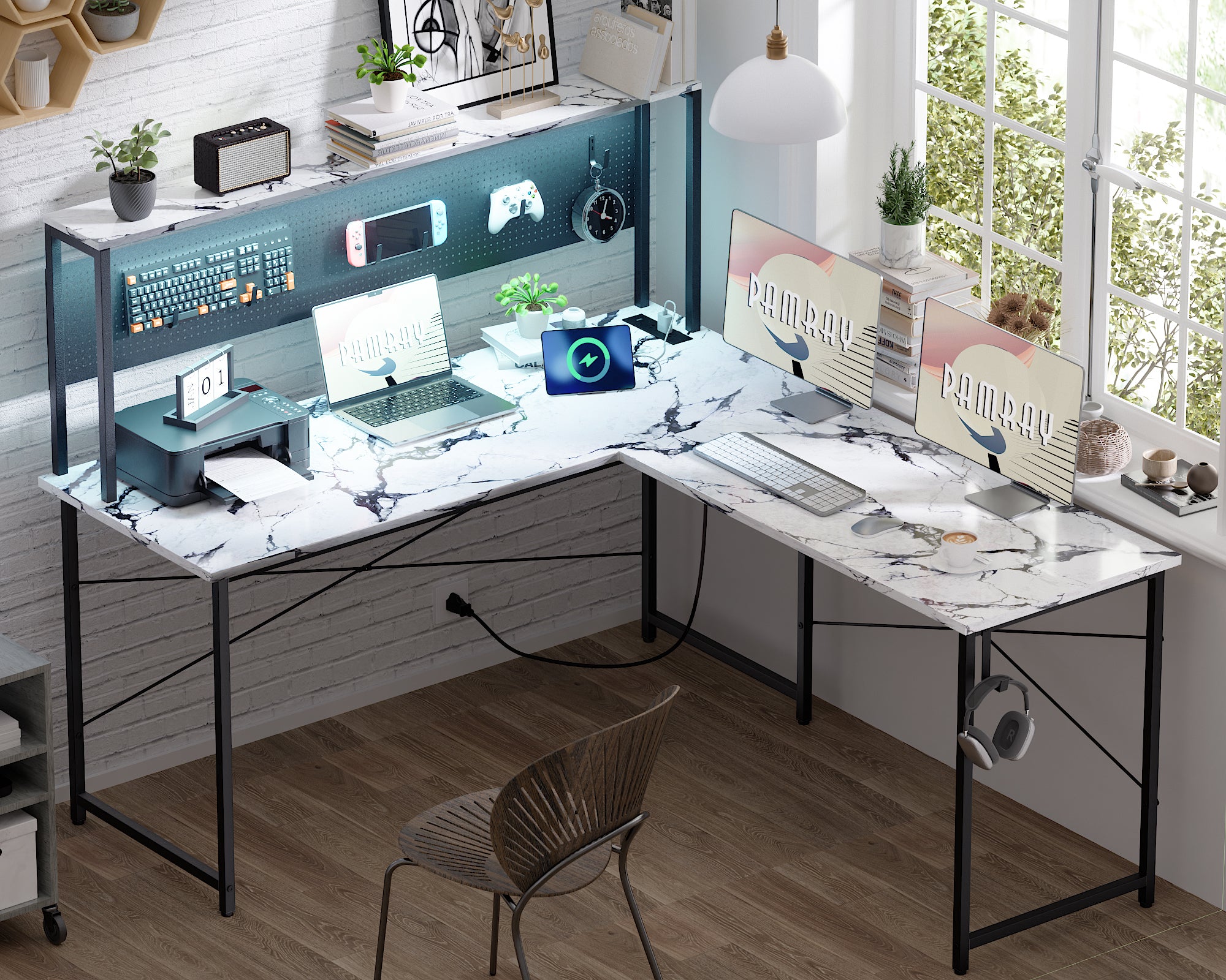 Pamray 60 Pollici Scrivania Angolare Gaming con LED Marrone