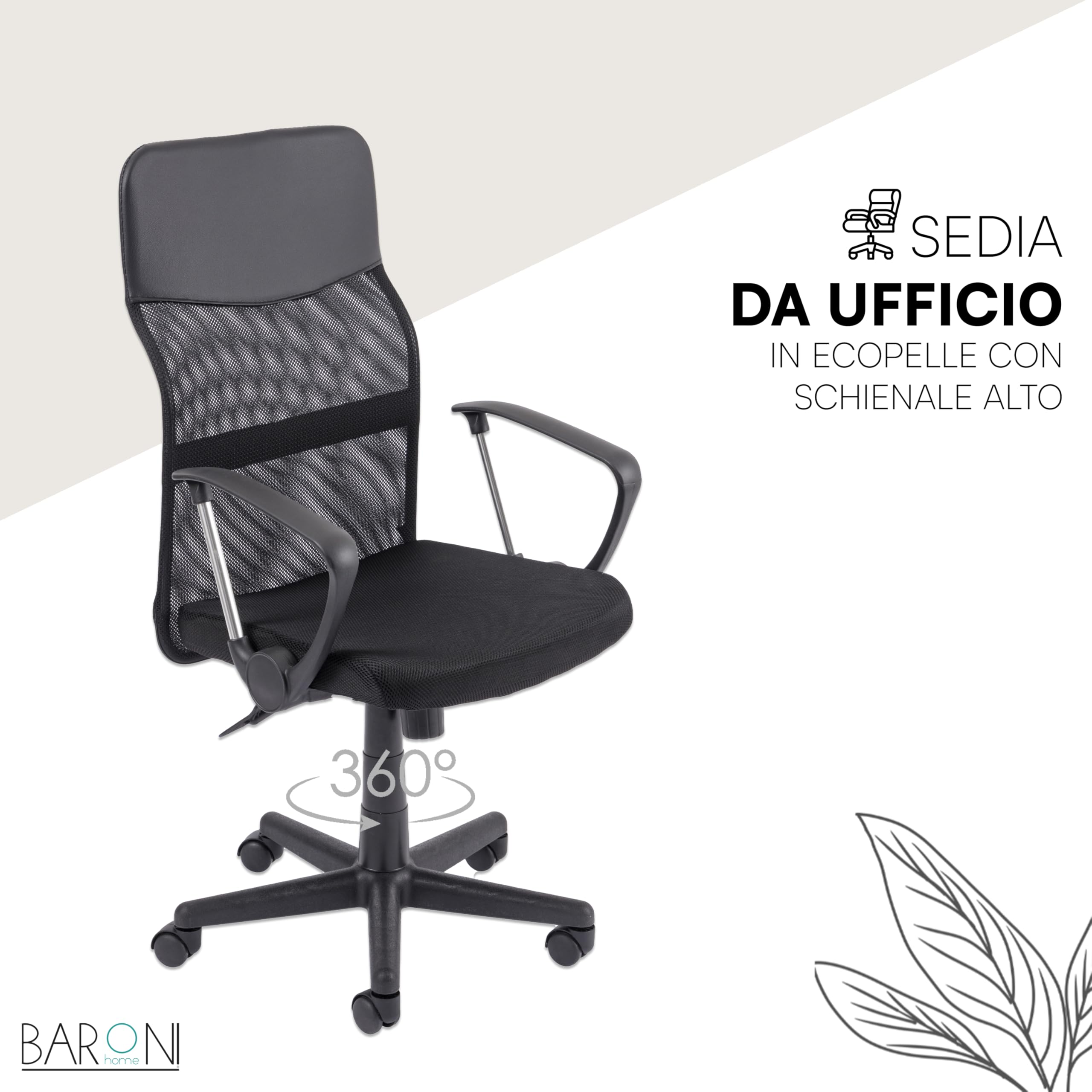 Baroni Home Sedia Ufficio Nera Ecopelle 47x47x109 cm