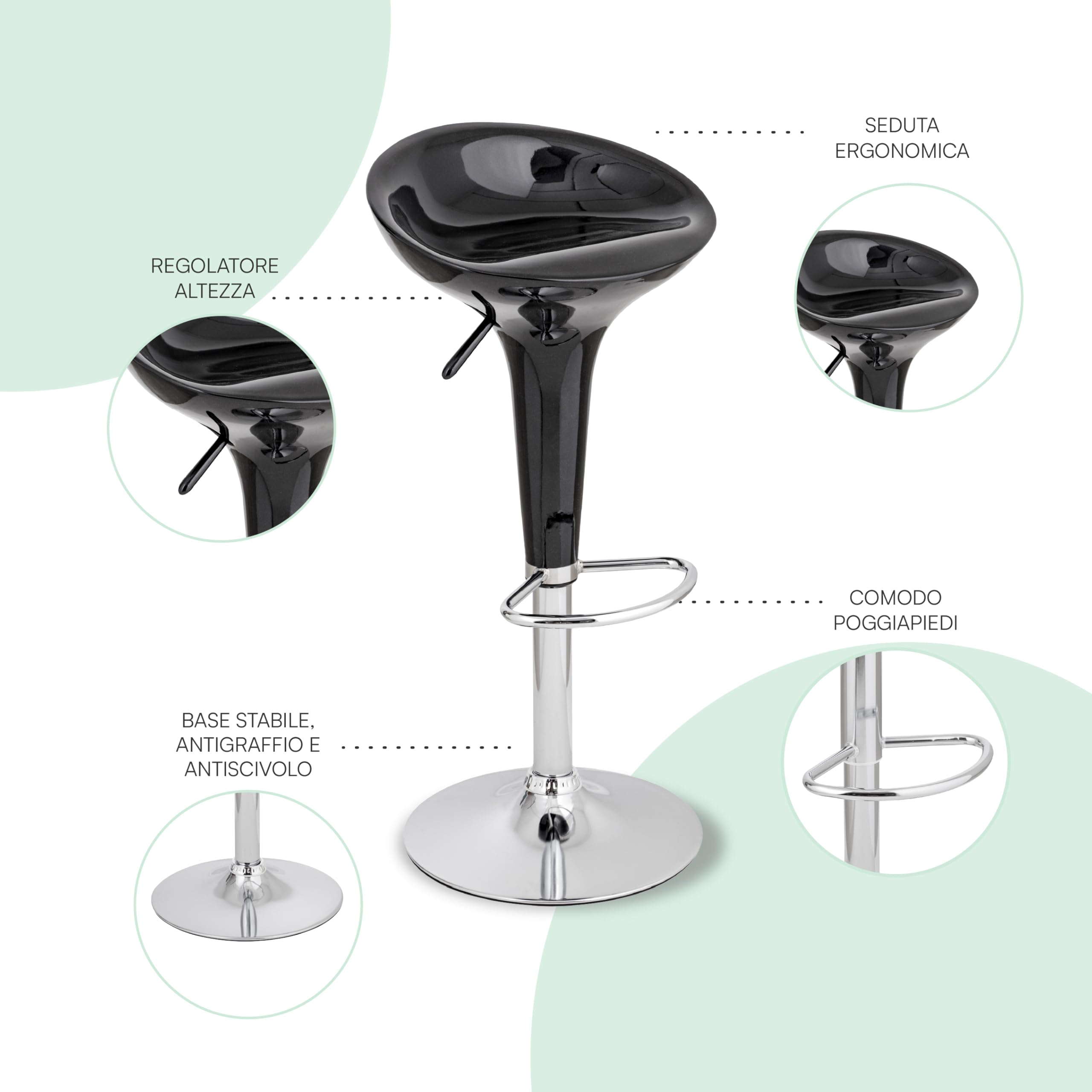 Baroni Home sgabello bar girevole nero regolabile 59-79 cm