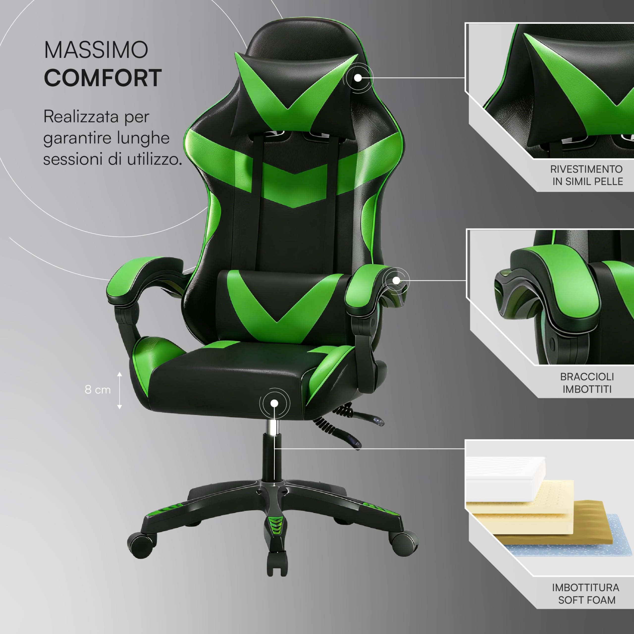 Baroni Home sedia gaming nera e verde reclinabile similpelle