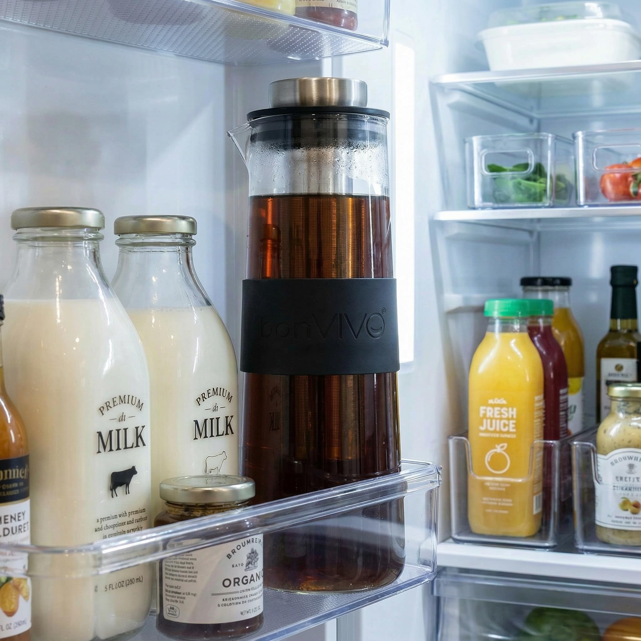 bonVIVO Cold Brew Caraffa Vetro 1L con Filtro Acciaio