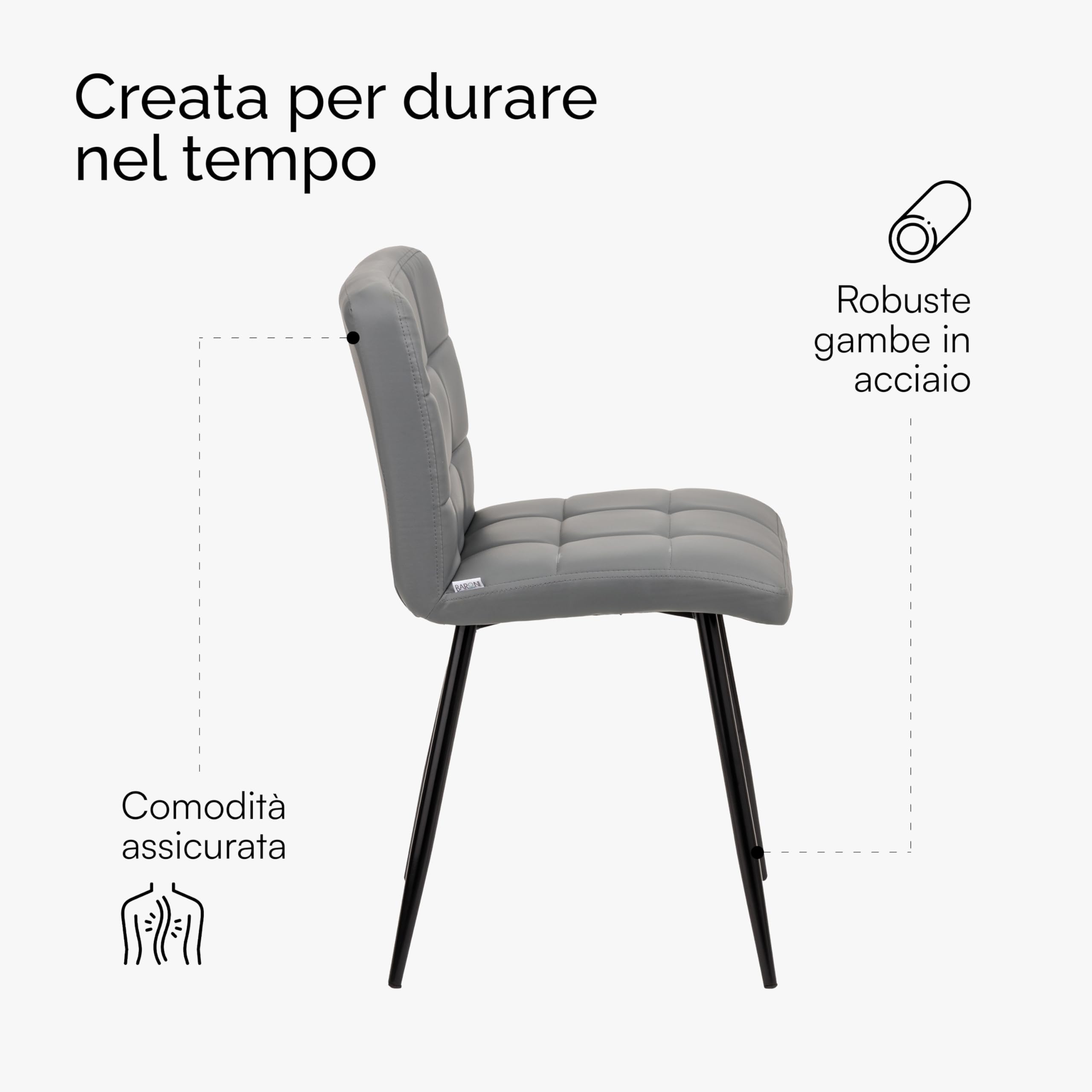 Baroni Home Set 2 Sedie Ecopelle Grigio Gambe Acciaio