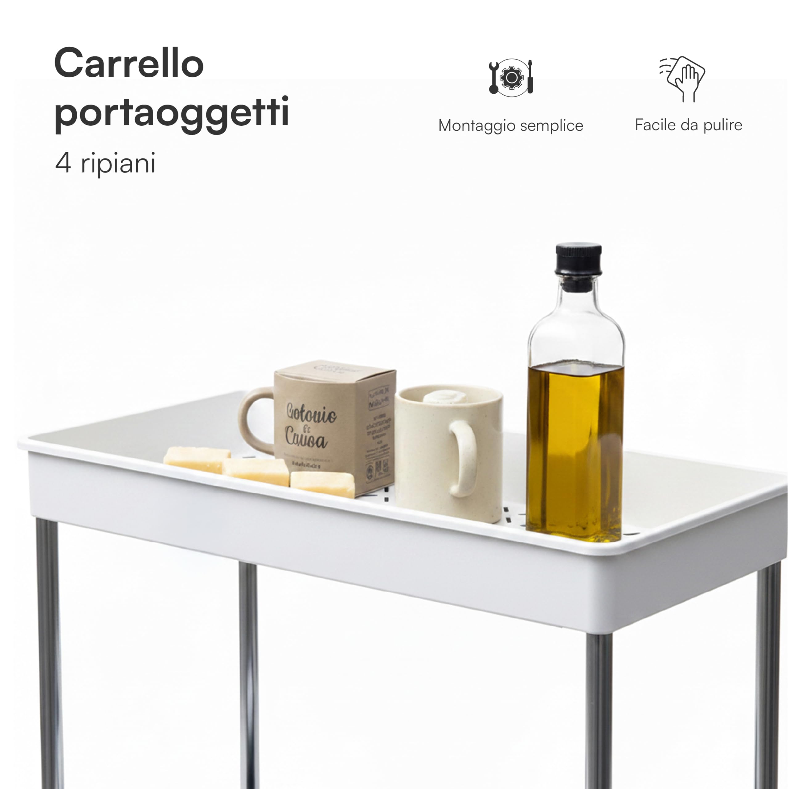 Baroni Home Carrello Portaoggetti 4 Ripiani Bianco 36x15x84 cm
