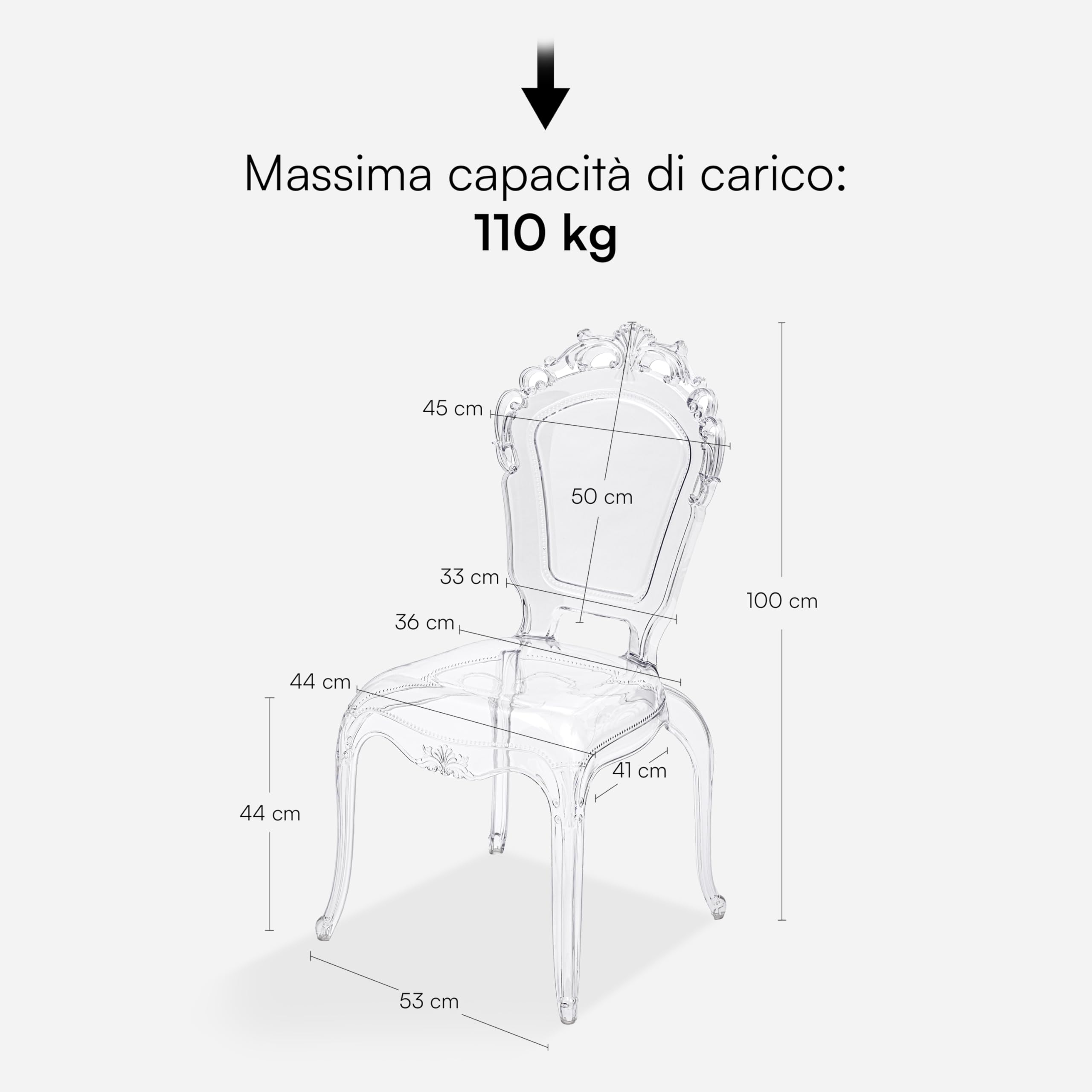 Baroni Home sedia barocca trasparente 4 pezzi policarbonato