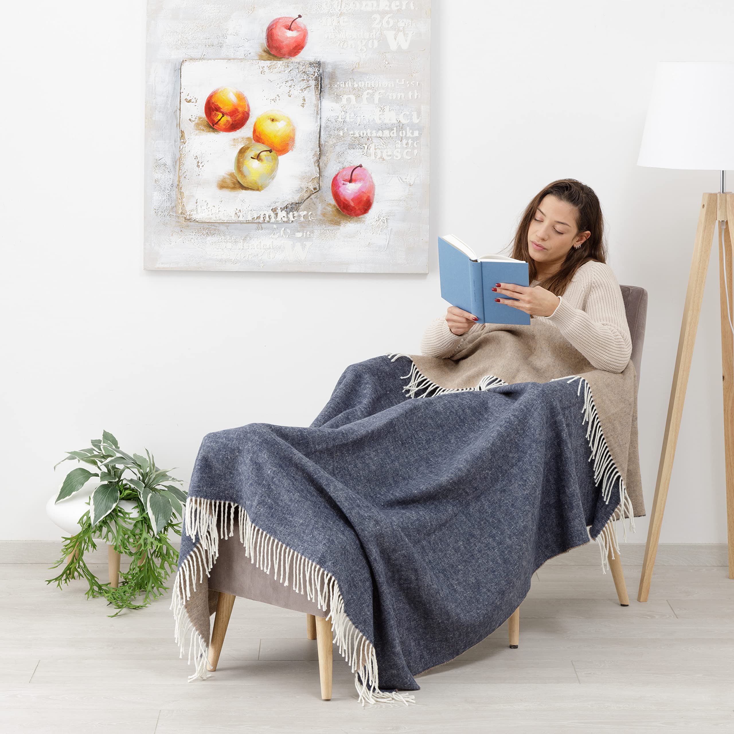 Baroni Home plaid double face blu e beige 130x170 cm