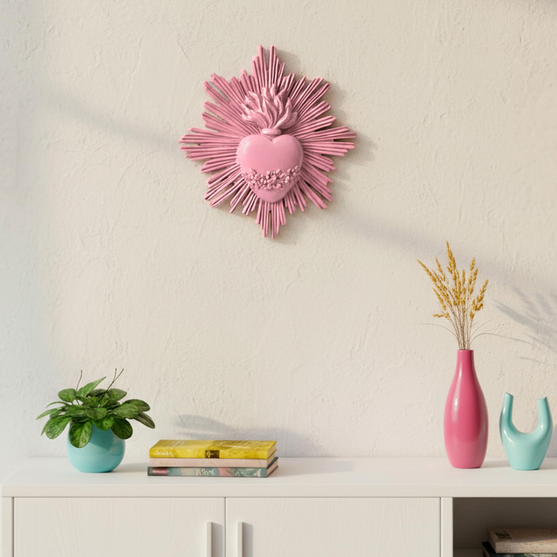 Baroni Home ex voto cuore sacro rosa resina 14x14 cm raggi