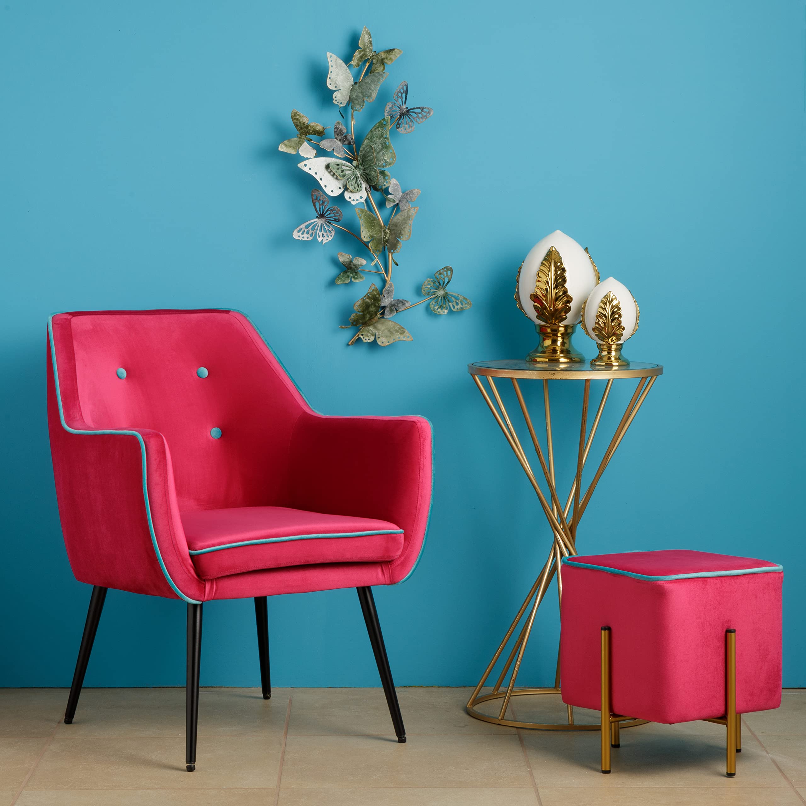 Baroni Home Pouf Velluto Fucsia Bordo Turchese 33x33x38 cm