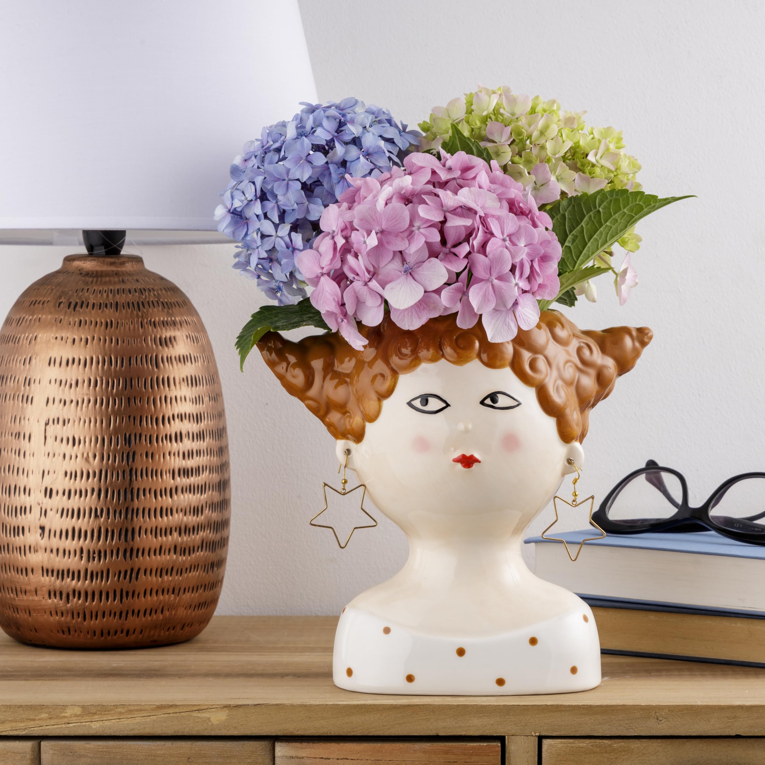 Baroni Home Vaso Ceramica Capelli Rossi 21x20 cm Dipinto a Mano