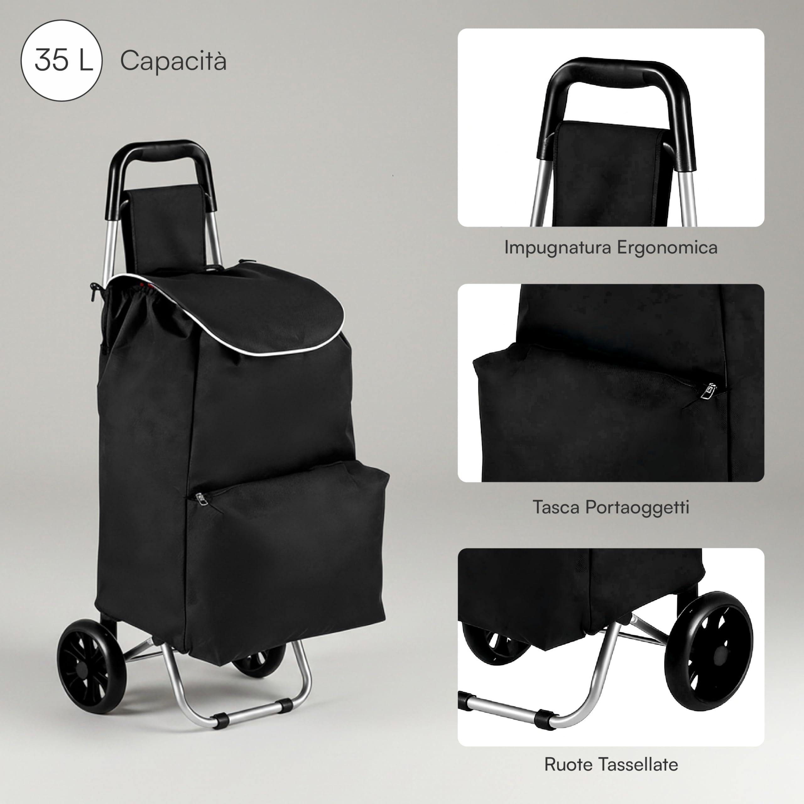 Baroni Home Carrello Spesa 35L Nero 35x35x94 cm Ruote