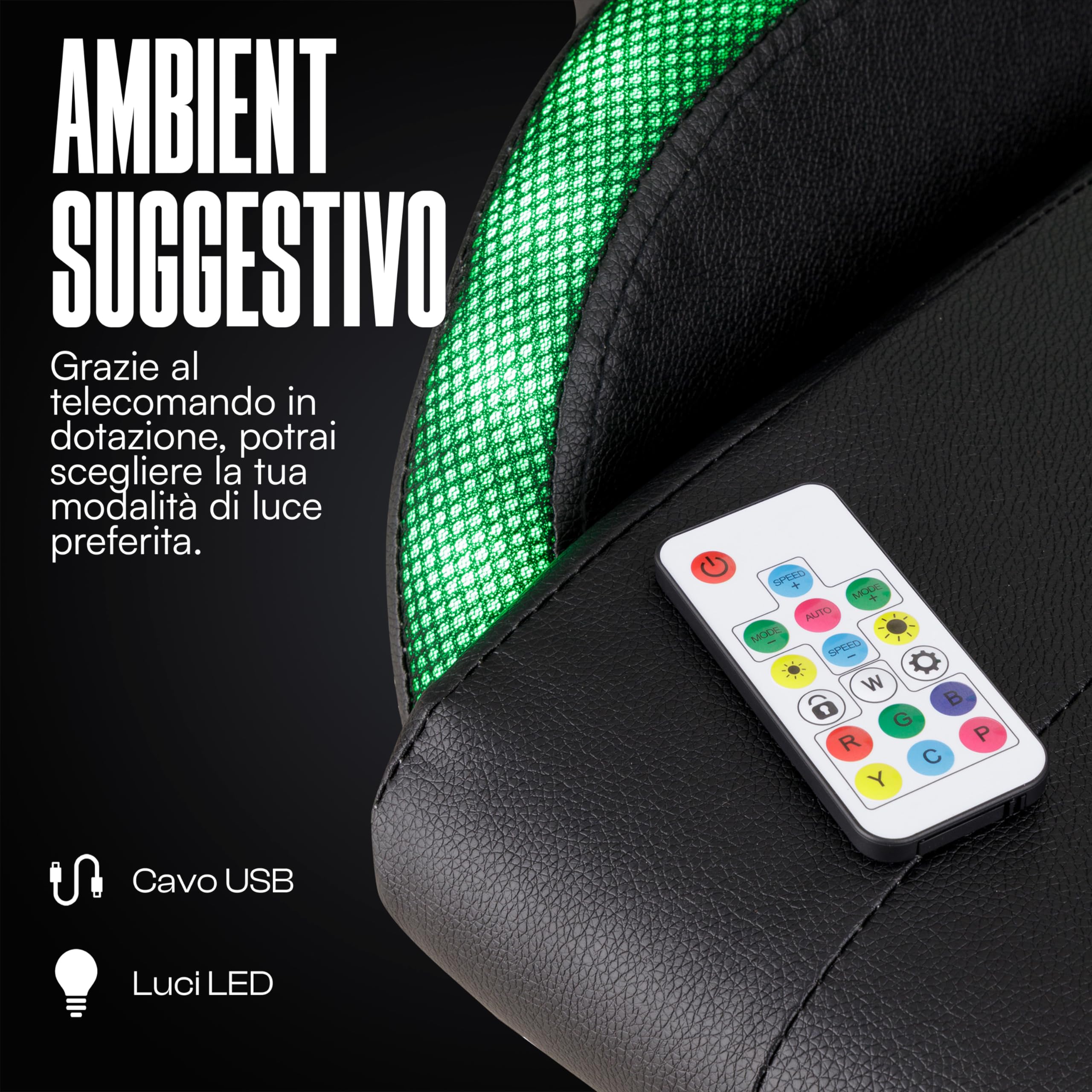 Baroni Home Sedia Gaming LED Nera Reclinabile 180°
