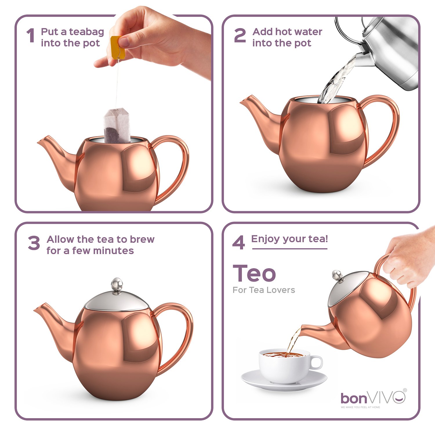 bonVIVO TEO teiera acciaio inox rame 1200 ml con stantuffo