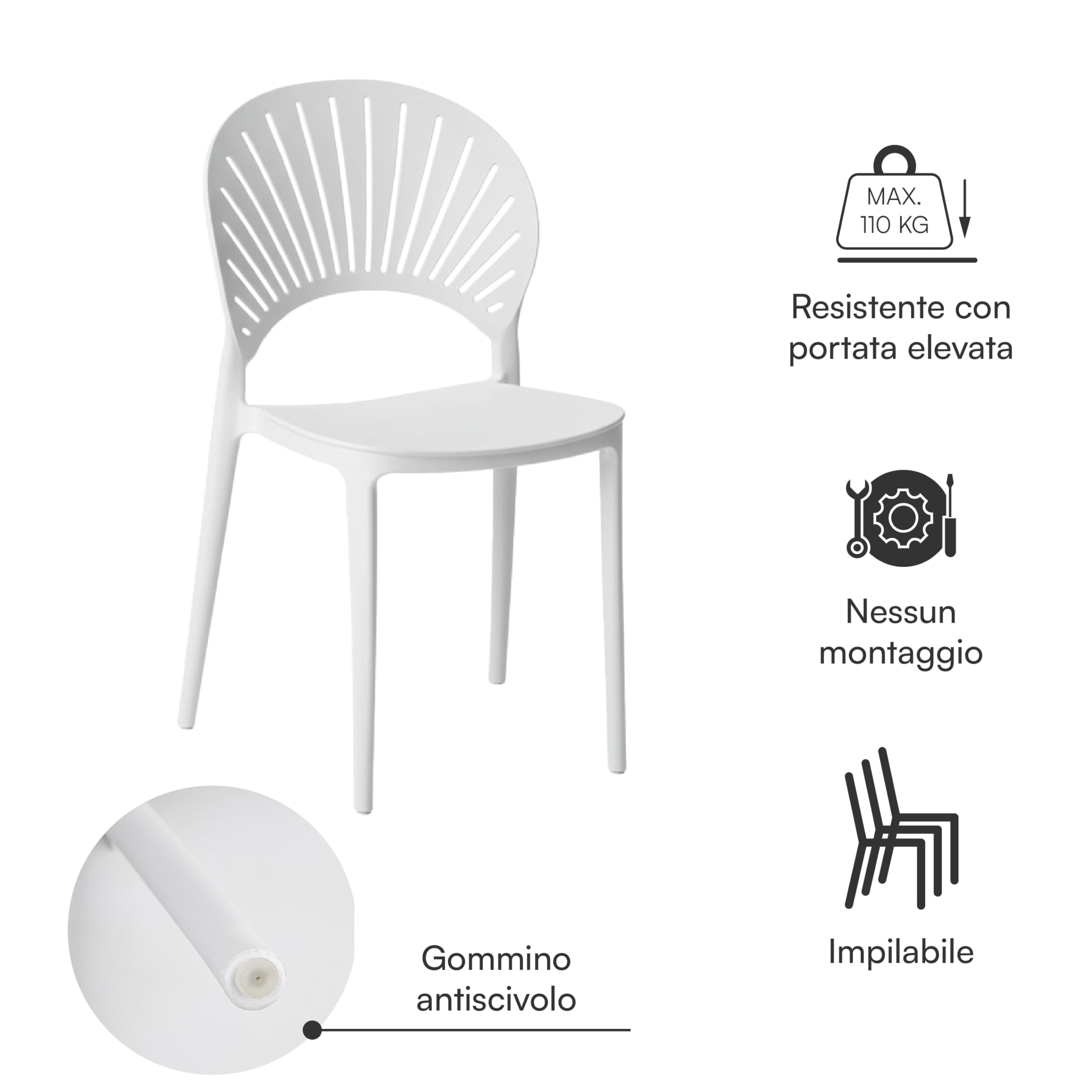 Baroni Home Schienale a Raggi sedia bianca set 4 impilabile