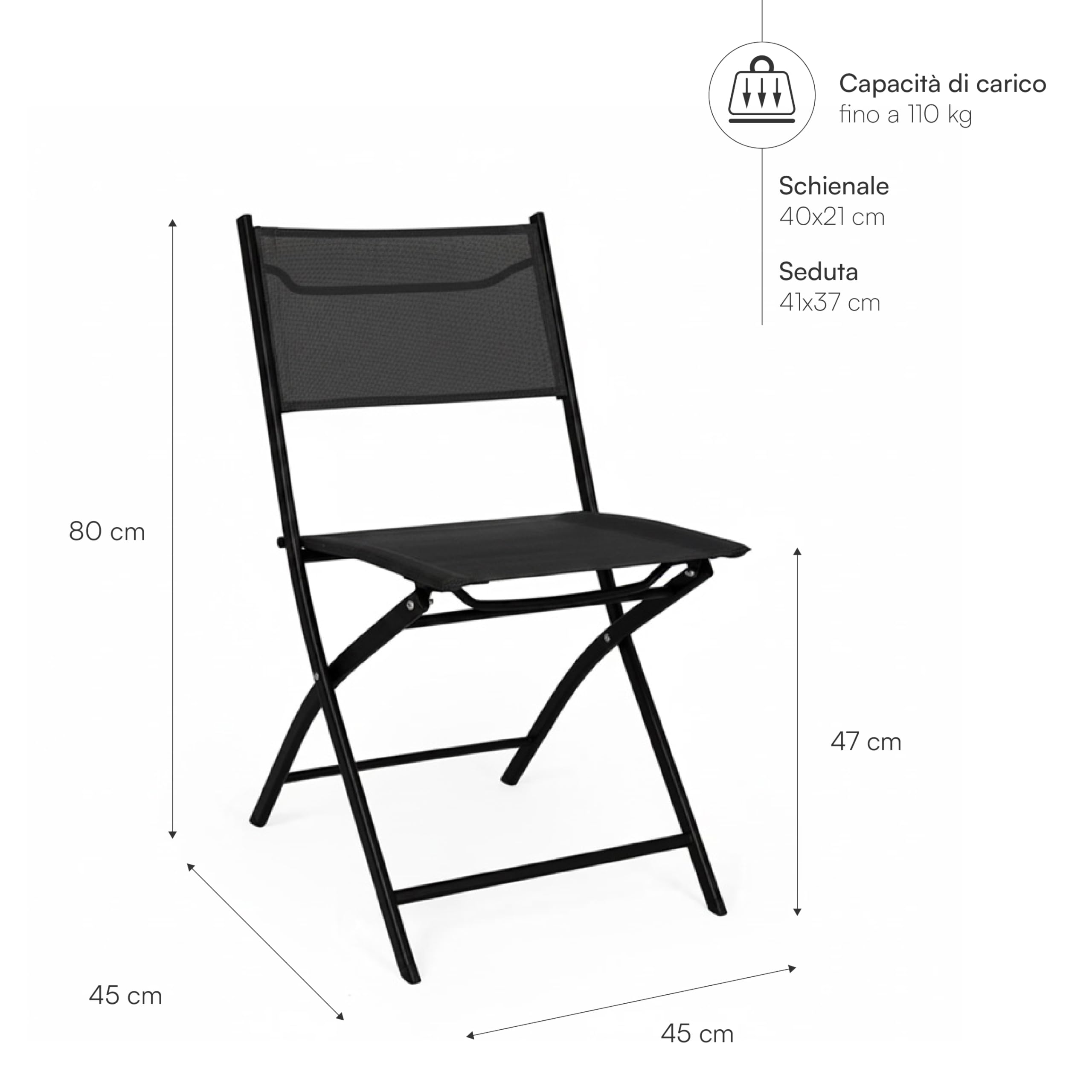 Baroni Home Set 4 Sedie Pieghevoli Nere Impermeabili 45x45x80 cm