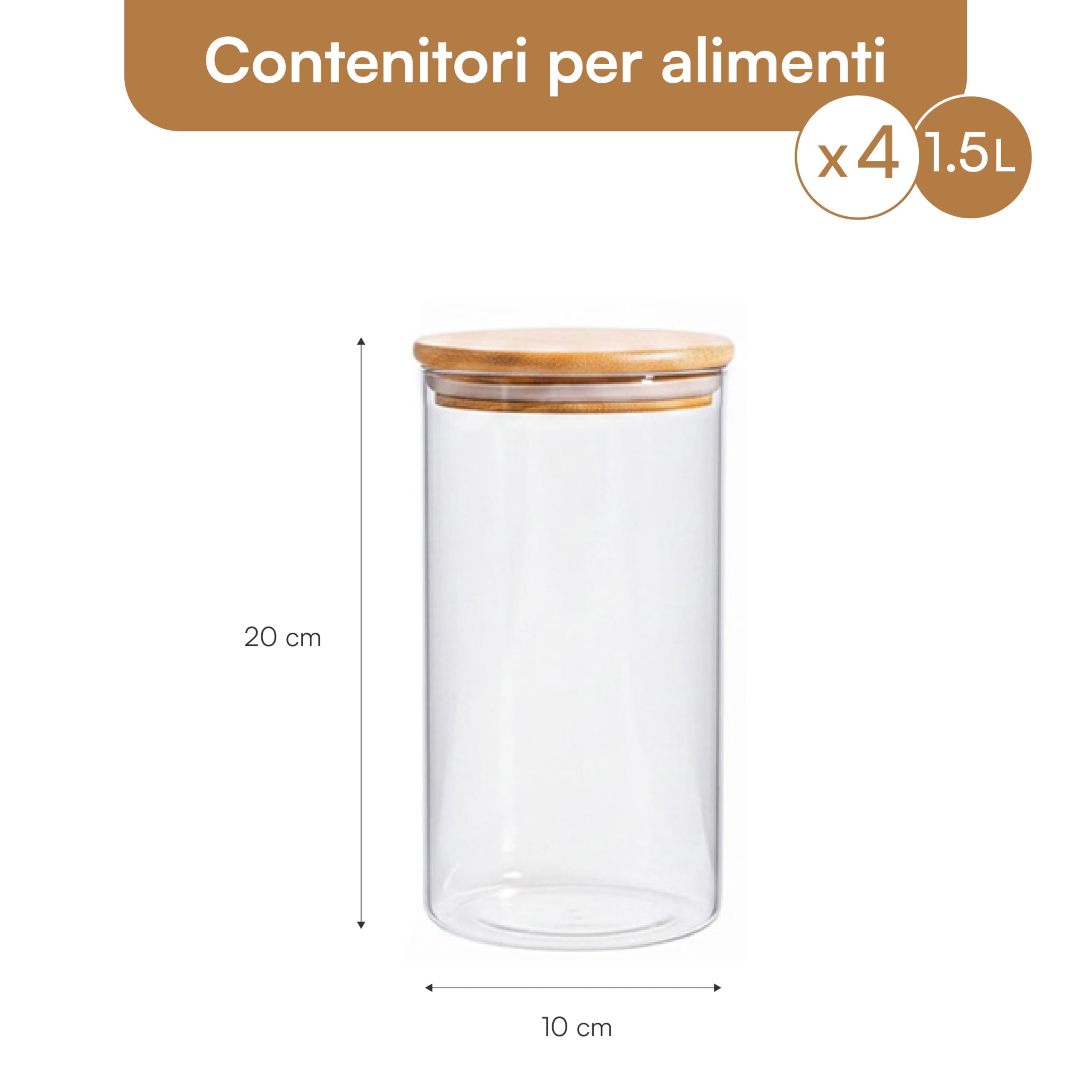 Baroni Home Set 4 Barattoli Vetro 1,2 L con Tappo Bamboo 20 cm