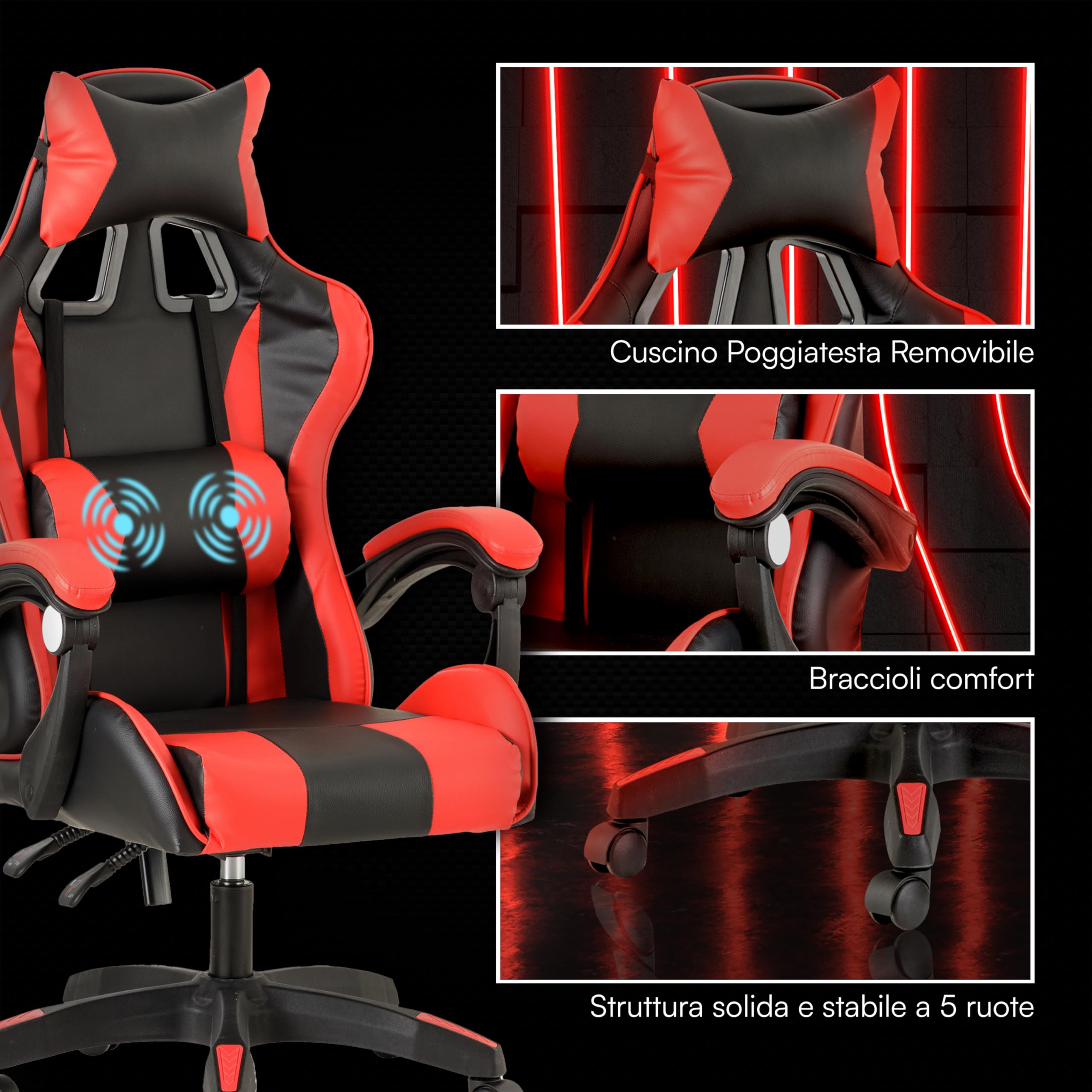 Baroni Home sedia gaming rossa reclinabile massaggio lombare