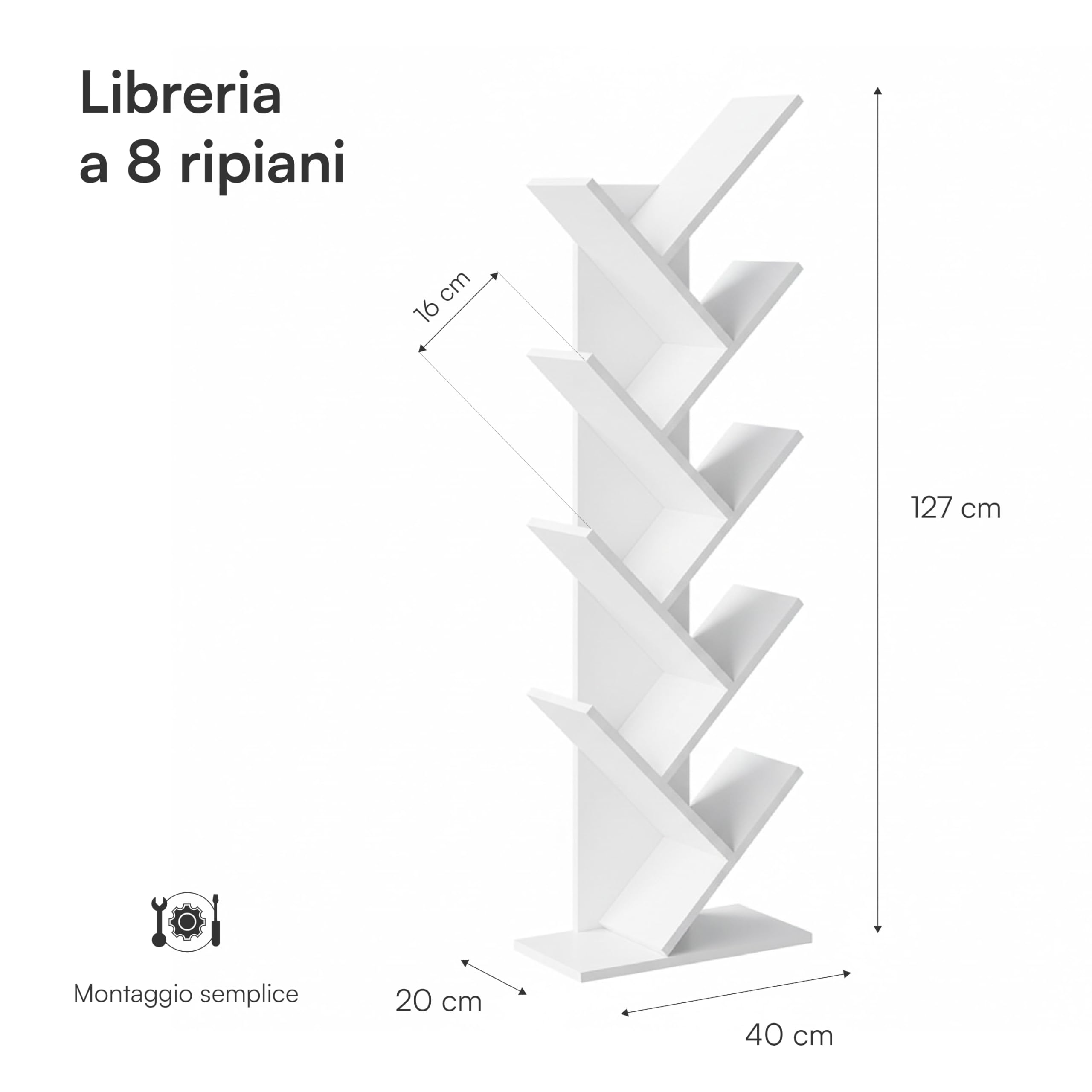 Baroni Home Libreria Albero 8 Ripiani Bianca 20x40x127 cm