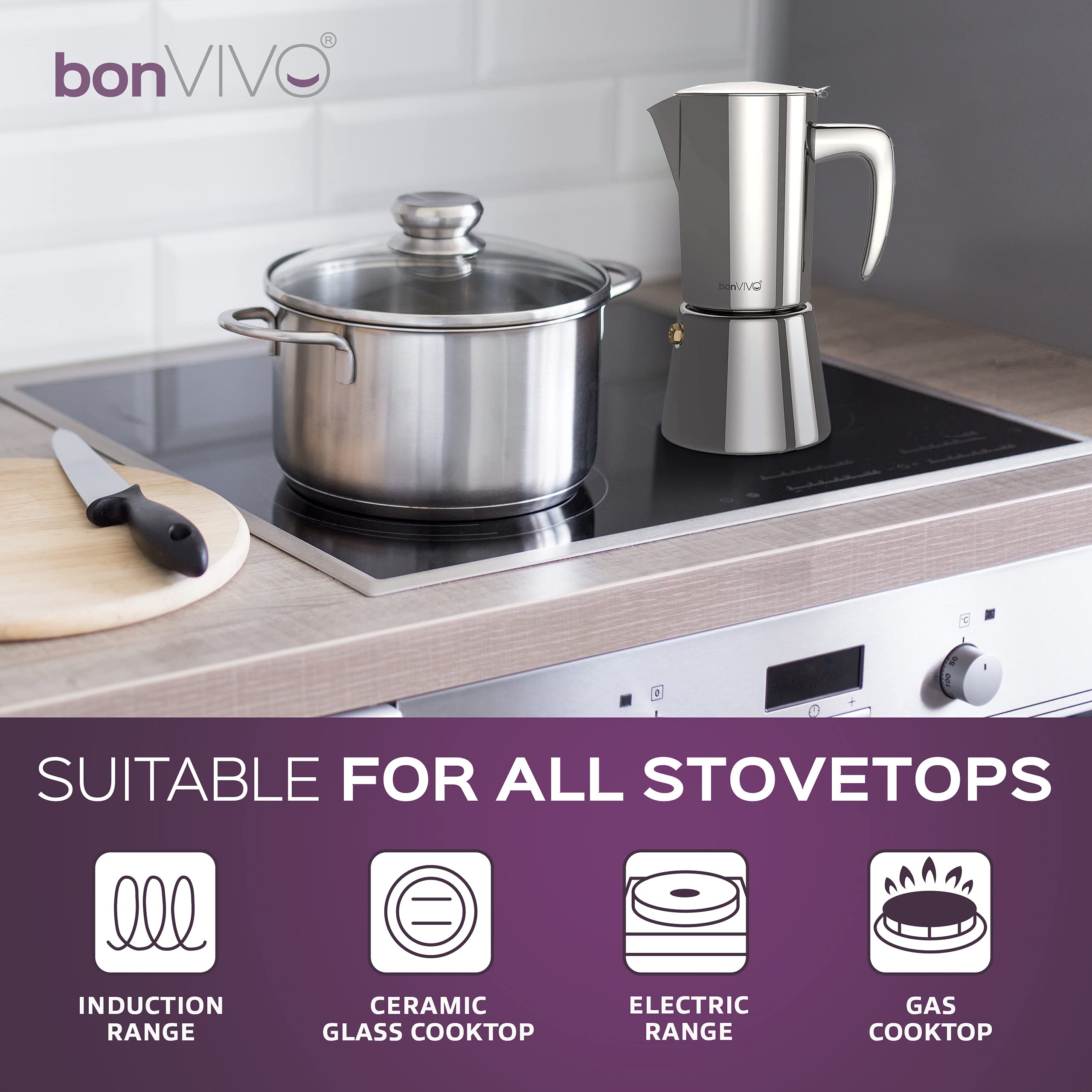 bonVIVO Moka 2 Tazze 100 ml Rame Induzione Acciaio Inox