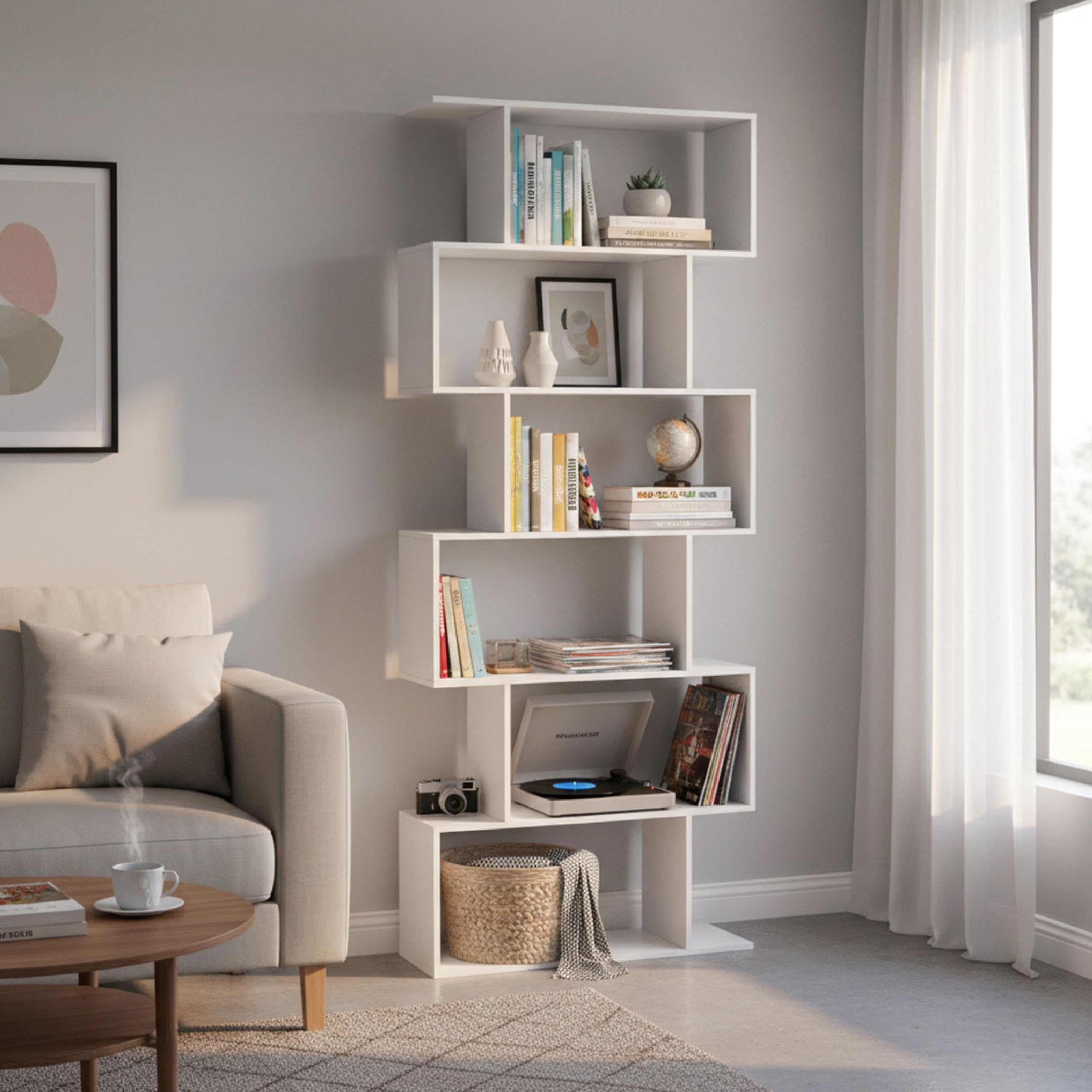 Baroni Home Libreria Zig Zag 6 Ripiani Bianco 24x70x191 cm