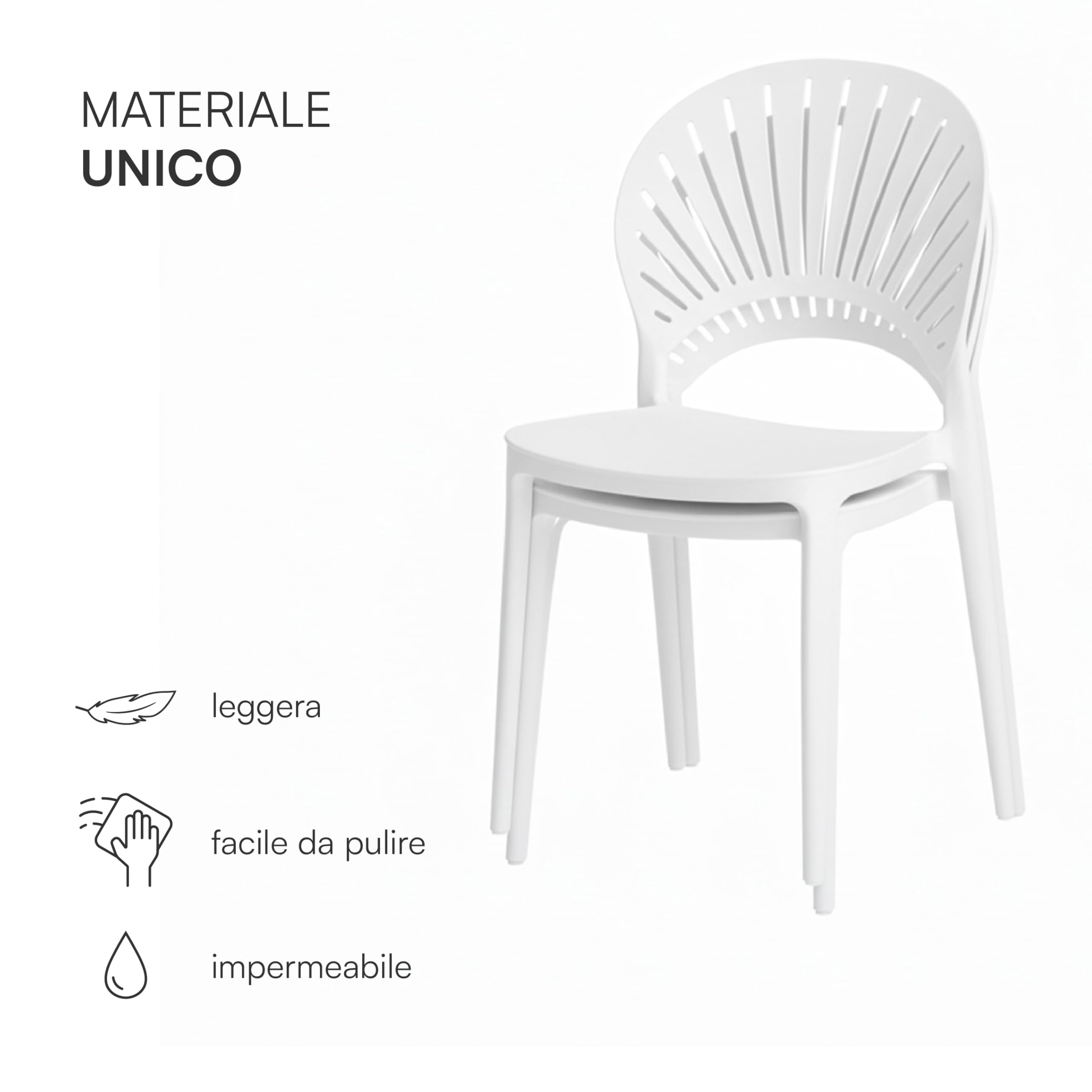Baroni Home Schienale a Raggi sedia bianca set 4 impilabile