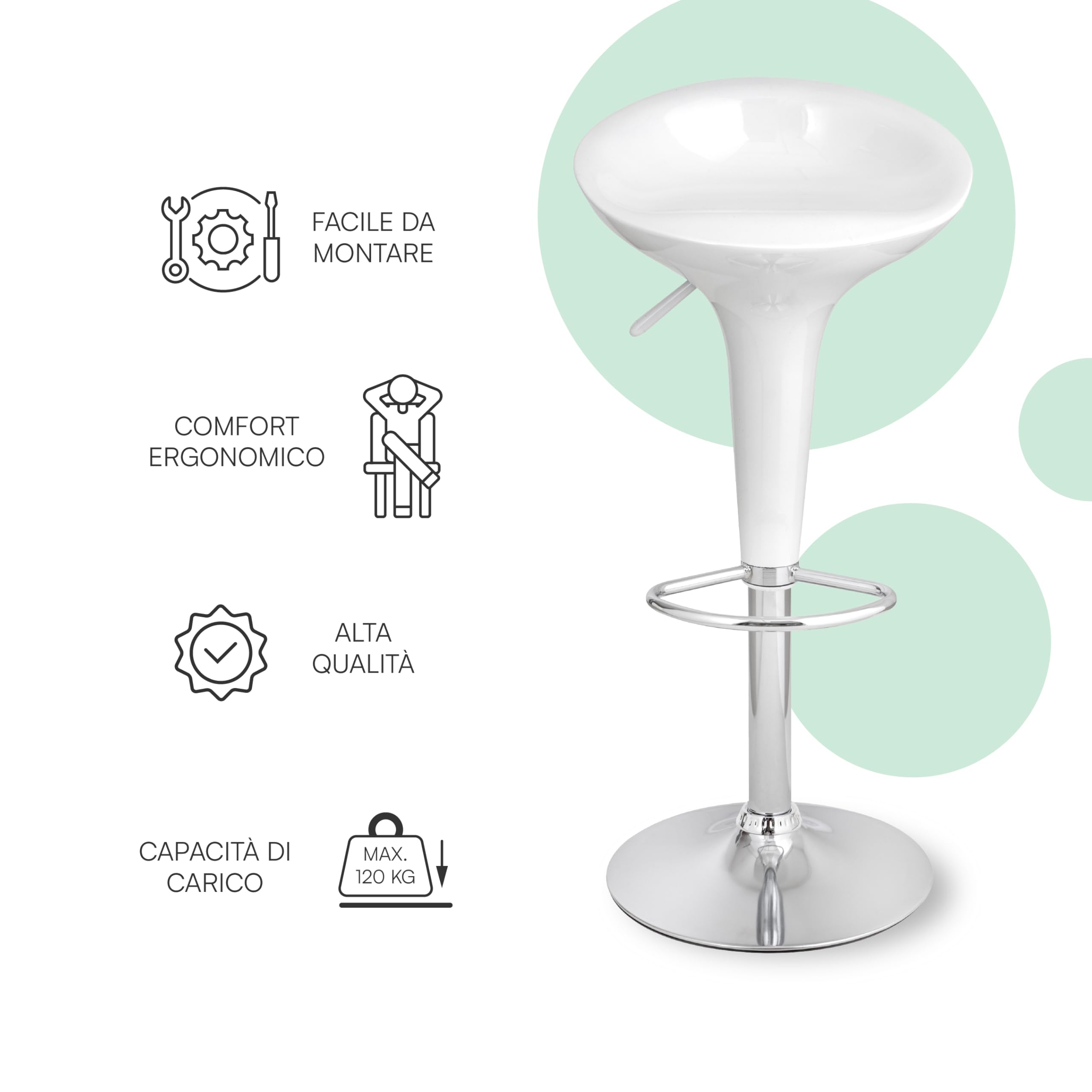 Baroni Home Sgabello Bar Girevole Bianco 2 Pezzi Altezza Regolabile