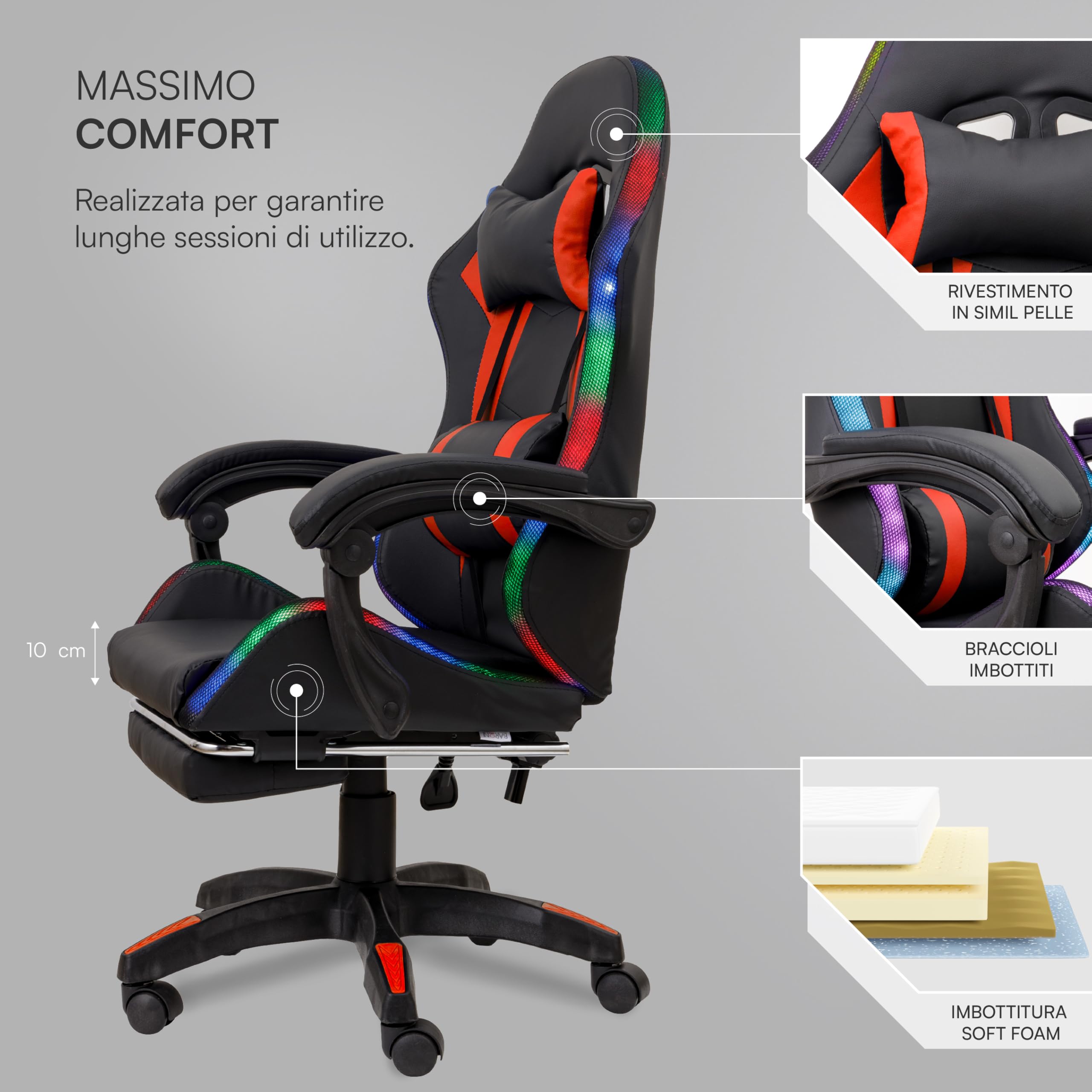 Baroni Home sedia gaming rossa con LED e poggiapiedi