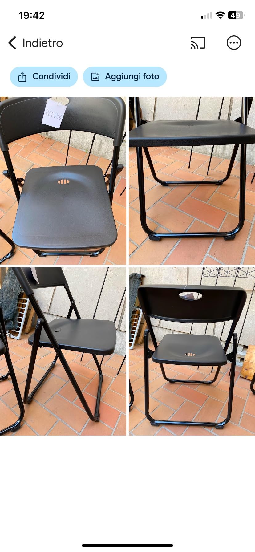 Baroni Home Sedia Pieghevole Acciaio Nera 74x43x49 cm