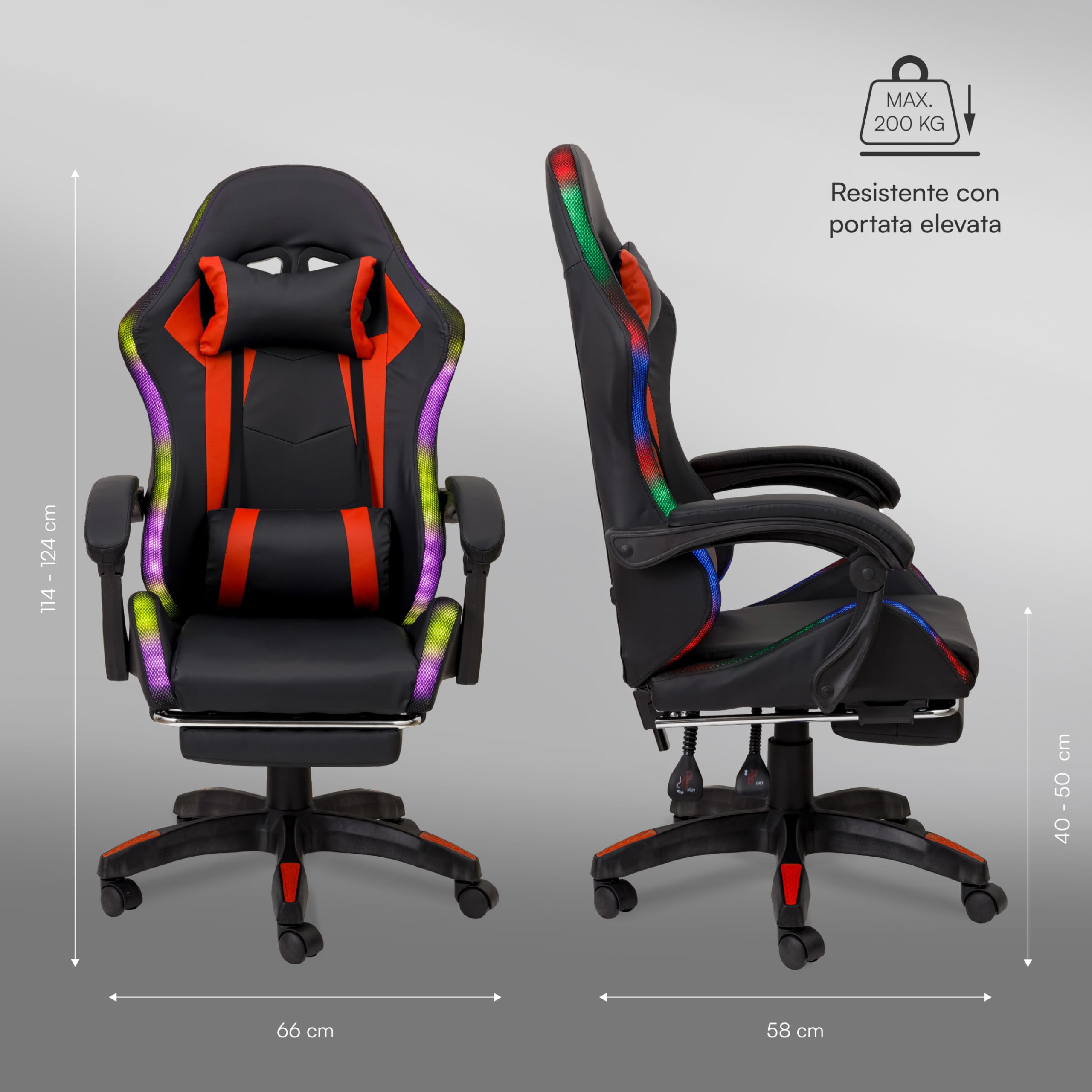 Baroni Home sedia gaming rossa con LED e poggiapiedi