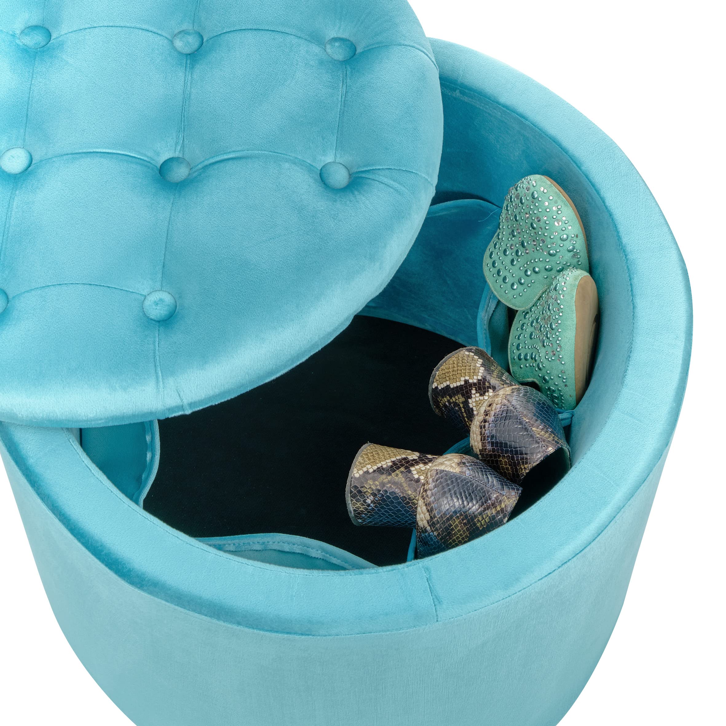 Baroni Home Pouf Contenitore Scarpiera Velluto Turchese Ø50x42 cm