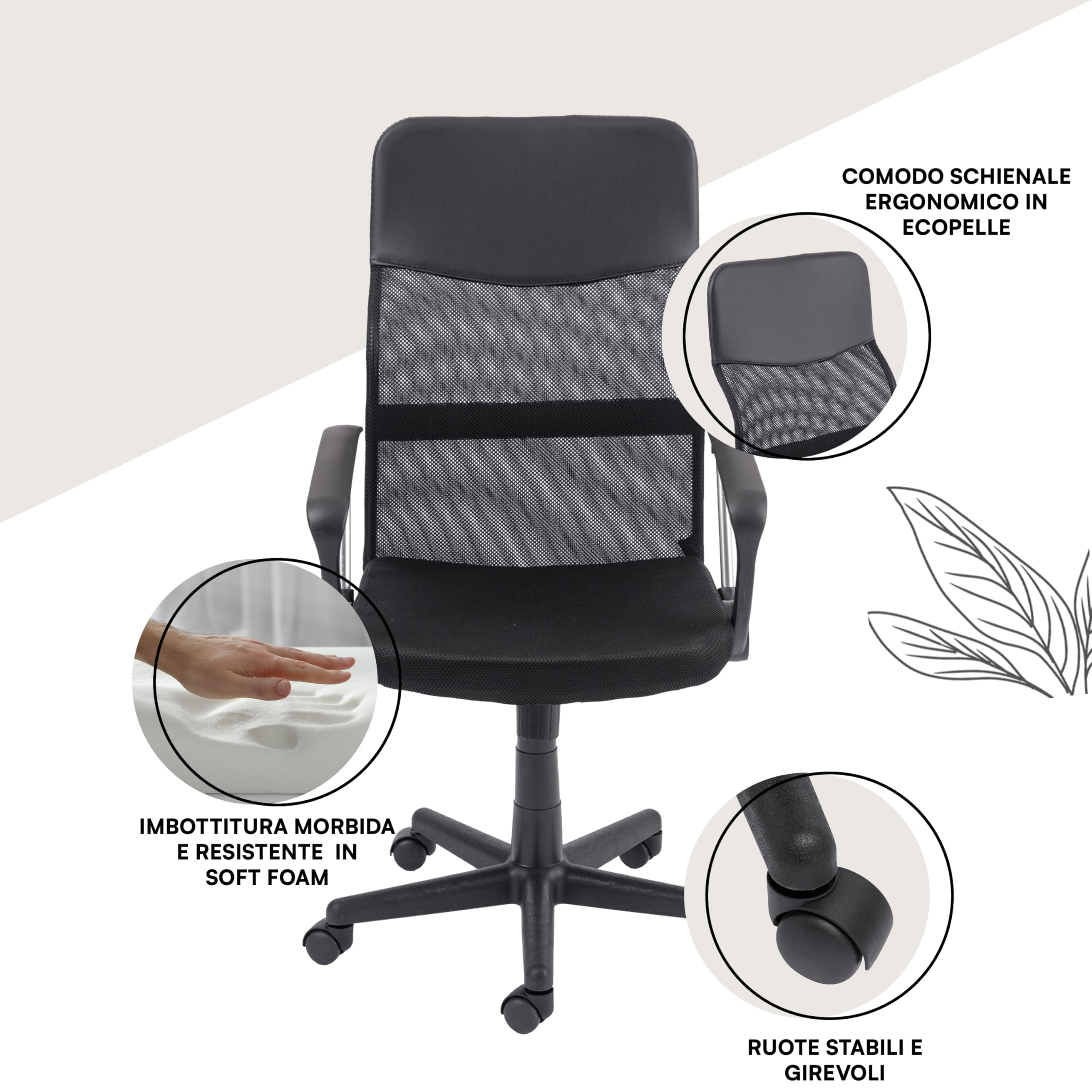 Baroni Home Sedia Ufficio Nera Ecopelle 47x47x109 cm